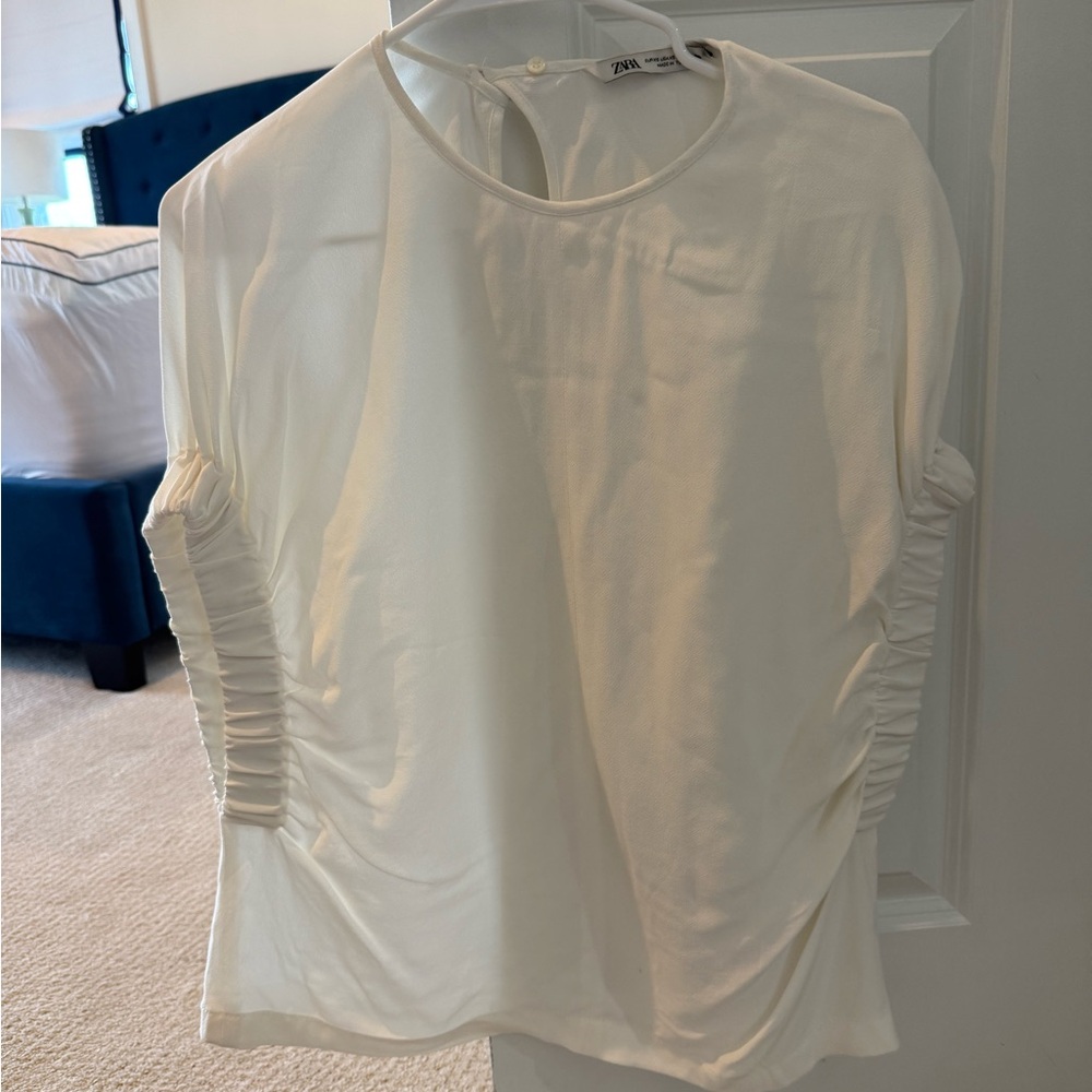Zara Ruched Sleeve Blouse | XS | White Drop Shoulder Edgy Elastic Cuffs Career